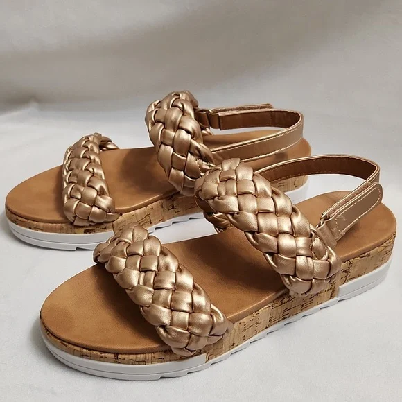 Tahari Gold Open Toe Rope Velcro Closure Cork Heel Summer sandals (girls size 3)